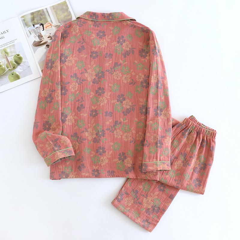 Neuer Damen 100% Baumwolle Frühling und Herbst Pyjama Set Umlegekragen Blume Langarm Zweiteiliges Hausanzugset Damen