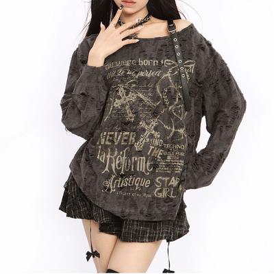 VAYLA Vintage Y2K Oversize Košile pro ženy Šikmý límec Dlouhý rukáv Odhalená ramena Potisk Ležérní topy Streetwear Tričko