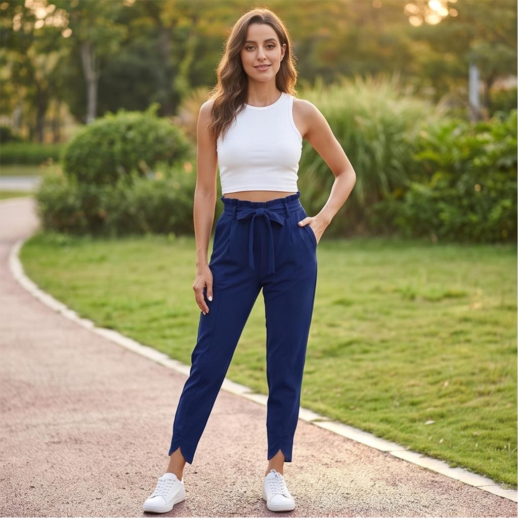 Women's Color Slim Fit Pleated Pants with Pockets and Tie Waist for Casual Daily Wear
