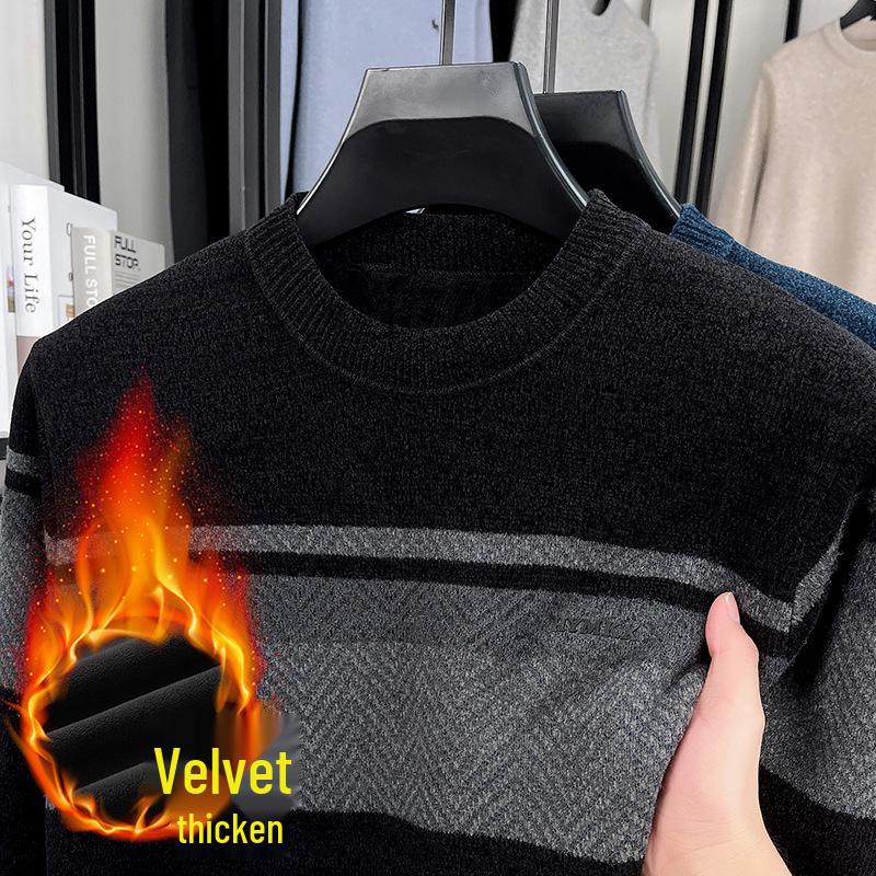 Winter Men's Plus Velvet Striped Round Neck Knit Sweater: Thick, Casual, Fashionable Trend.