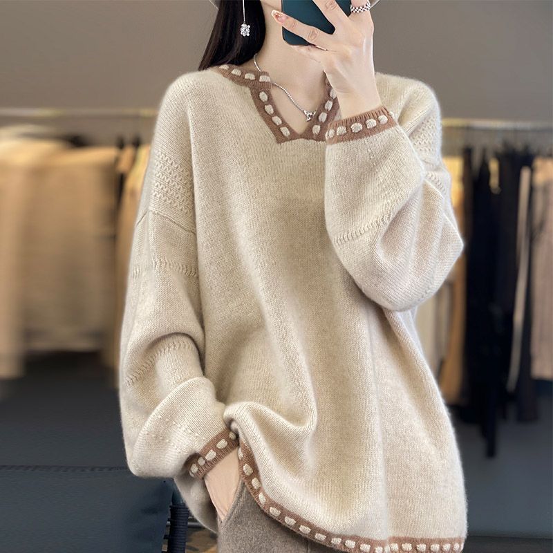 Korean Style Oversized Loose Knit Sweater Casual V Neck Pullover Color Block Tops for Women Autumn