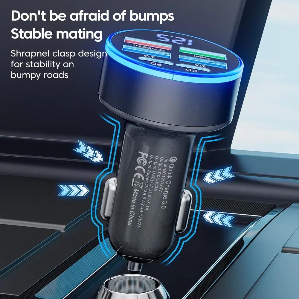 New 100W 6 In 1 Car Phone Charger Adapter with Voltage Display USB C Dual PD Fast Charge Adapter for IPhone Samsung Xiaomi