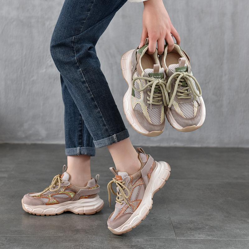 Lightweight and Breathable Mesh Leather Sports and Leisure Women's Shoes Summer Lace-up Comfortable Sports Shoes