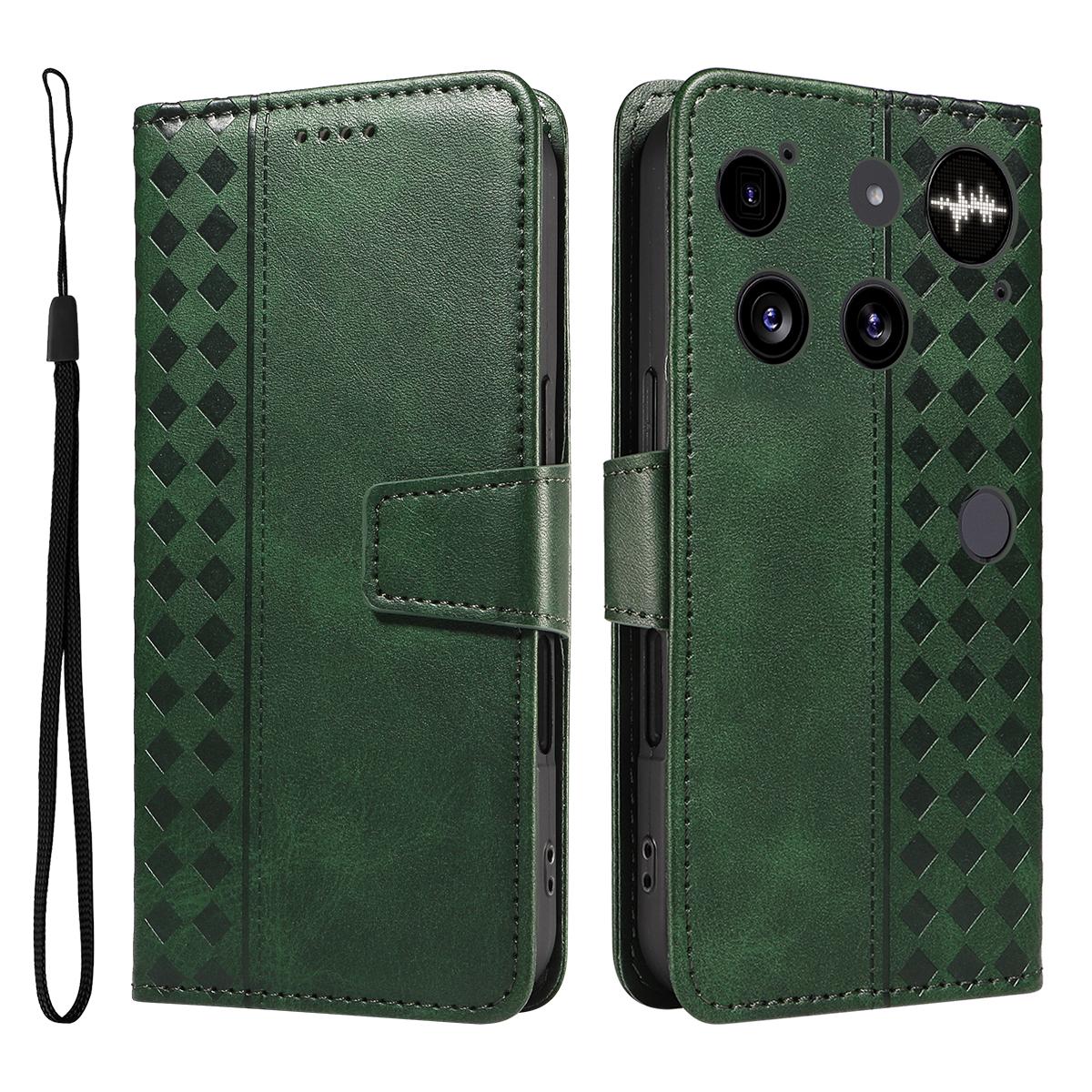 

For Nothing Phone (3) 5G Leather Case Wallet Stand Grids Imprinted Phone Cover with Strap Green