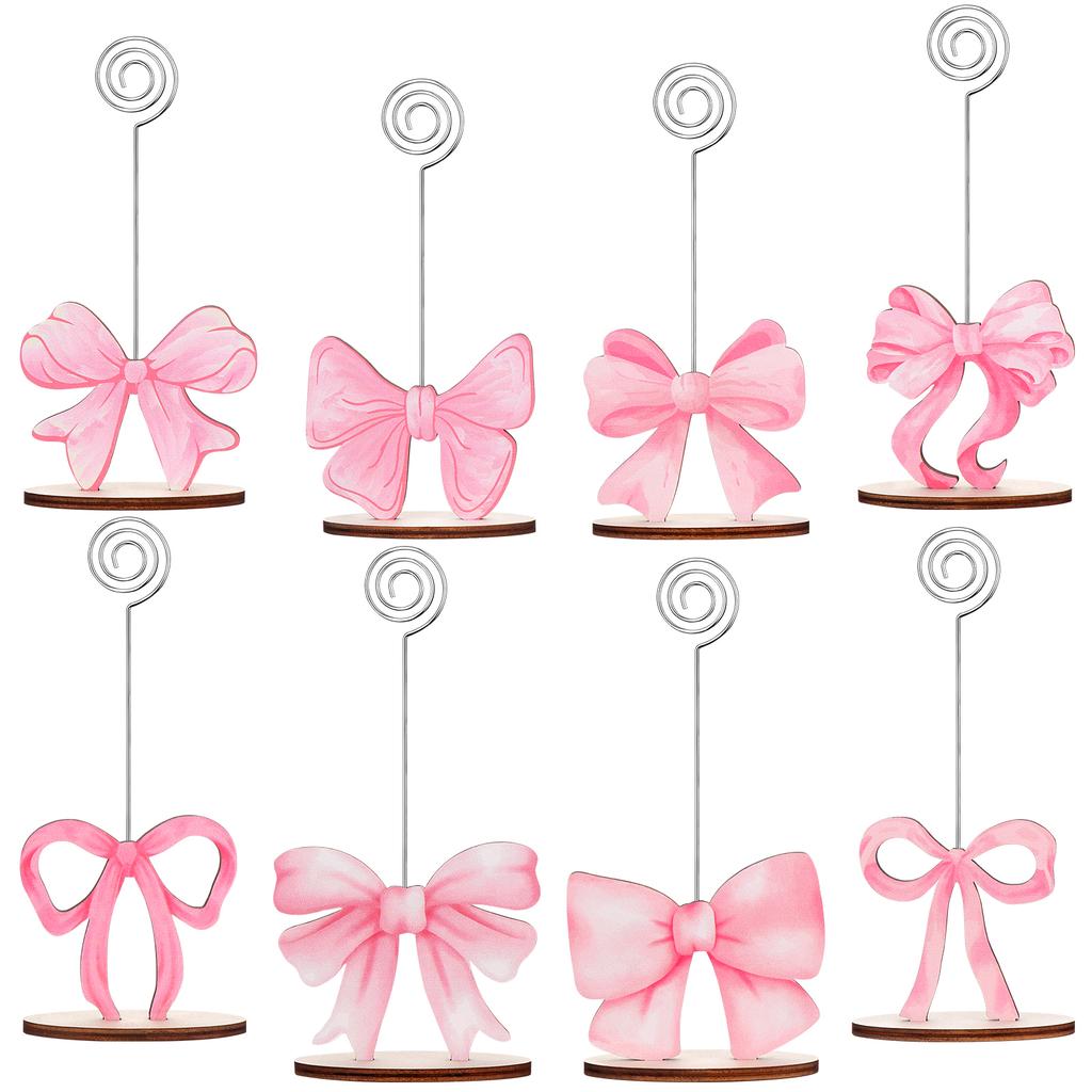8 Pcs Pink Bow Place Cards Coquette Bow Reserved Seating Signs Table Number Holders Metal Wire Memo Clips Stands Bow Party Decor
