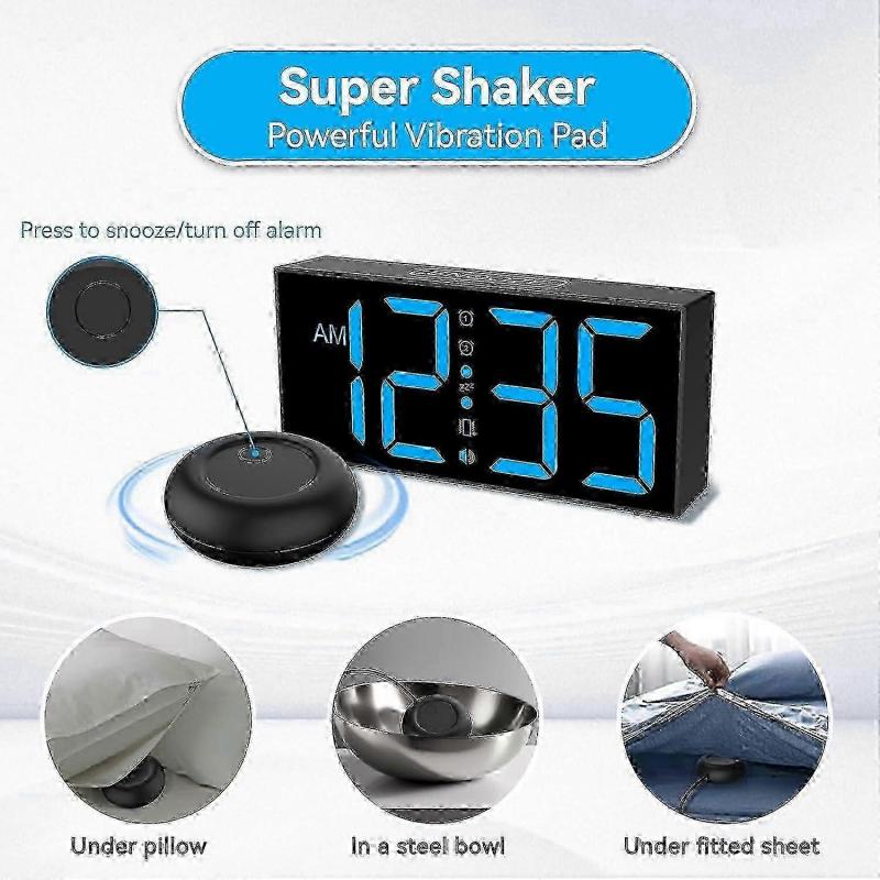 Vibrationswecker für Tiefschläfer, lauter Ton, große Ziffern, 5 Helligkeitsstufen (Schwarz und blau)