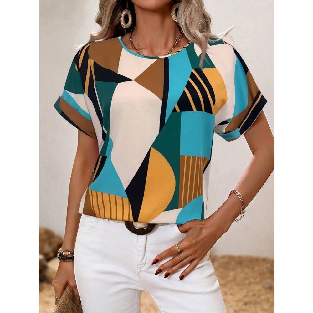 Women's Round Neck T-shirt Summer Outdoor Fashion Short-sleeved Tops Oversize Loose Ladies Clothing Flower Printing Trend Style