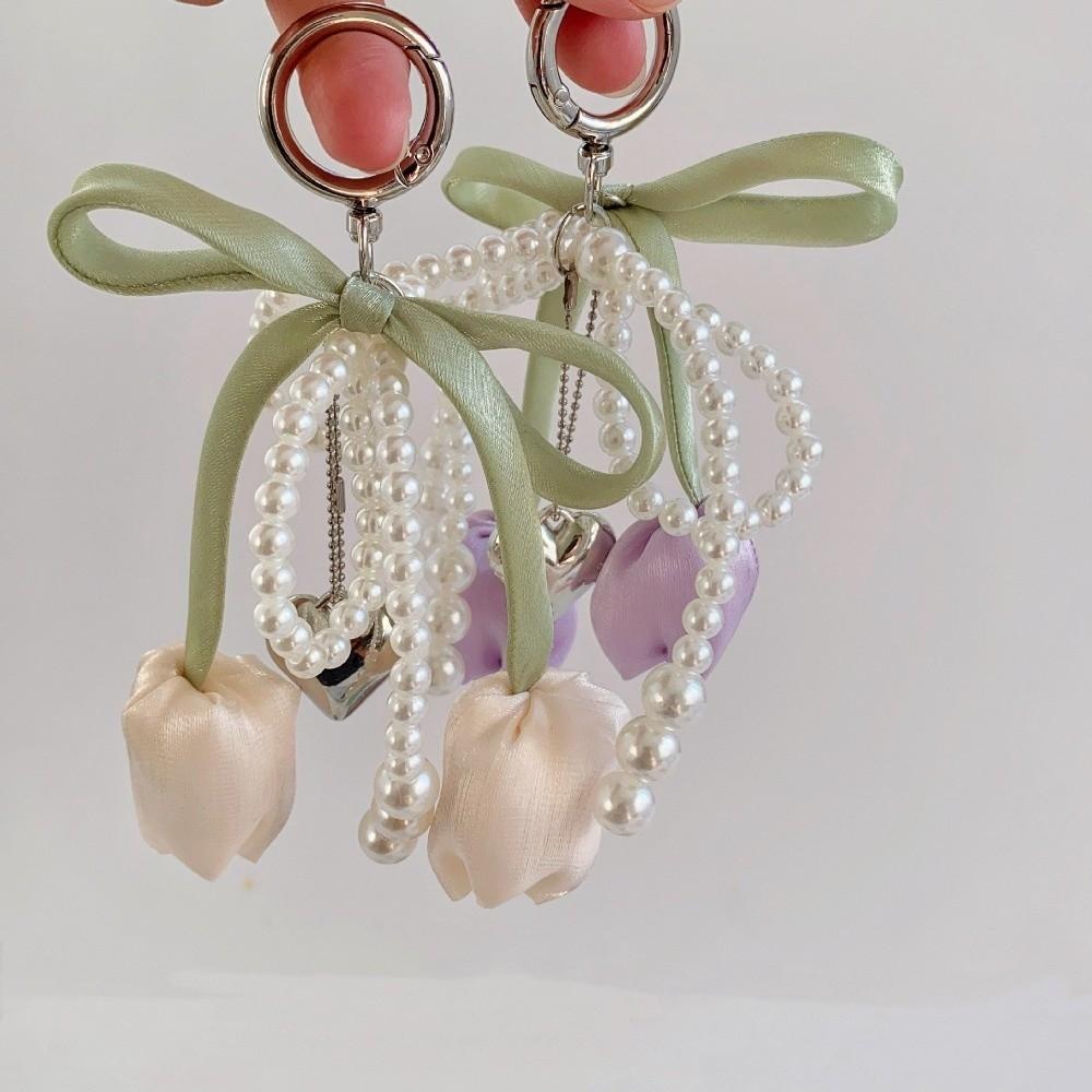 Tulip Mobile Phone Pendant Ribbon Pearl Bag Charm Pendant Fashion Lace Keychain  Women Accessories