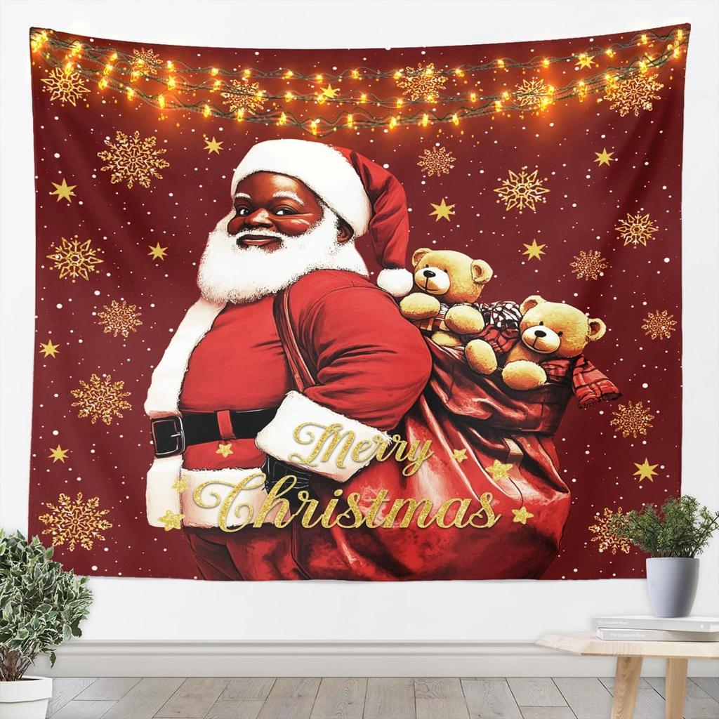 Black Santa Claus Tapestry Afro African American Wall Art Merry Christmas Wall Hanging Blanket for Living Room Bedroom Home
