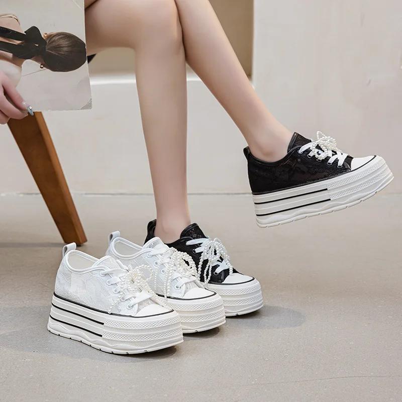 8CM Air Mesh Lace Micrifiber Leather Breathable Platform Wedge Women Vulcanize Hollow Summer String Bead Chunky Sneakers Shoes
