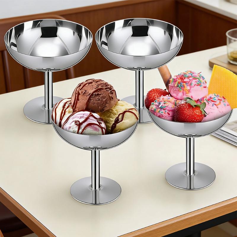 *New.Ice Cream Footed Bowls Stainless Steel Reusable Dessert Cups Set For Sundae Fruit Snack Party Dessert Bowl Round Yogurt Cup