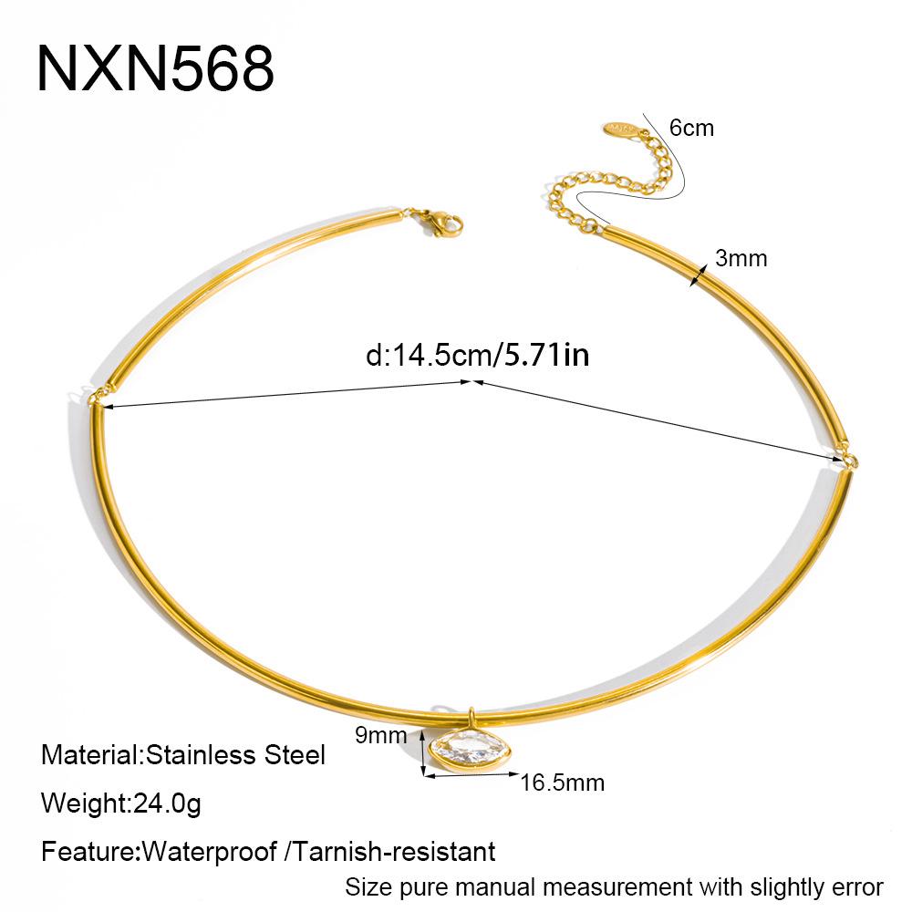 ins simple and fashionable water drop geometry single zircon pendant necklace round tube splicing collar stainless steel jewelry