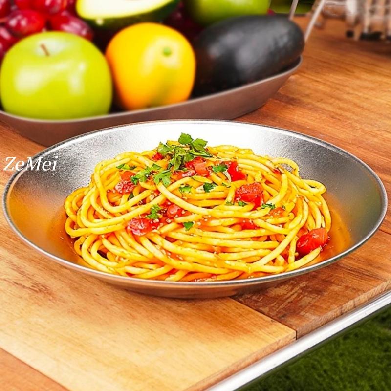 Pure Titanium Ice Flower Double-Layer Pasta Plate, Western Round Tray, Dining Plate for Home and Restaurant, Large Tableware