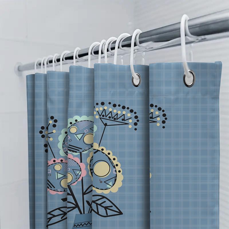 Dekorativer Duschvorhang mit blau kariertem Muster, einzigartigem Blumendesign für Badezimmerdekoration