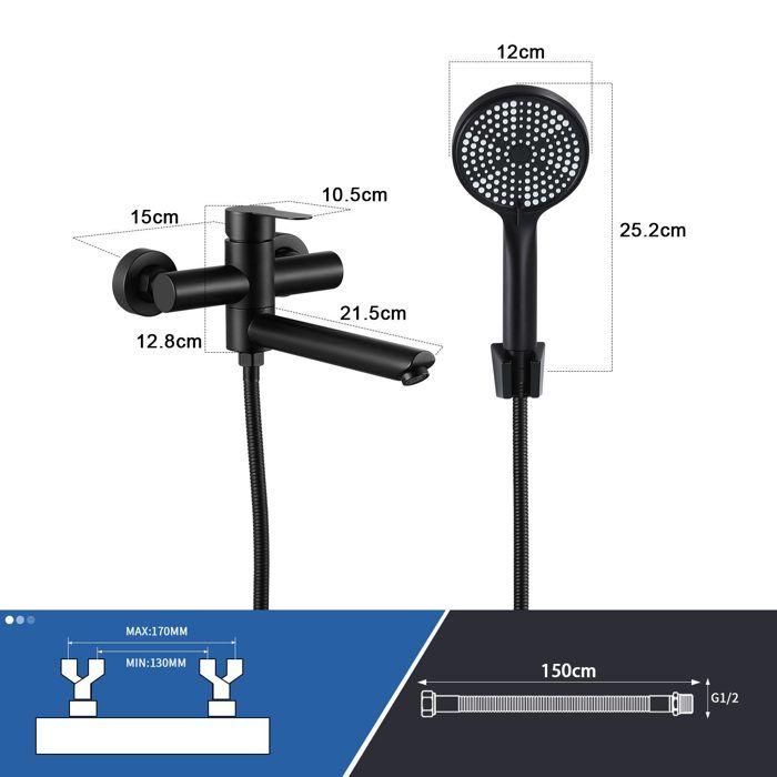 Ensemble de douche - NETTLIFE - Combiné - Robinet baignoire - Douchette 3 fonctions - Noir métal
