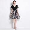 Summer Women V-neck Short Sleeve Vintage Jacquard Flower Lace Patchwork Party Lace-up Dresses