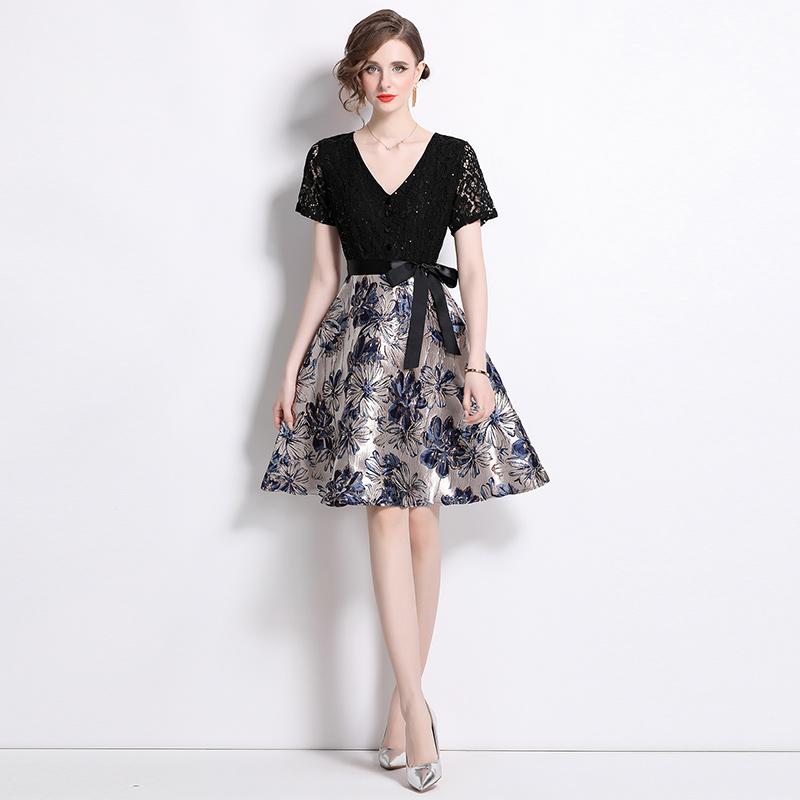 Summer Women V-neck Short Sleeve Vintage Jacquard Flower Lace Patchwork Party Lace-up Dresses