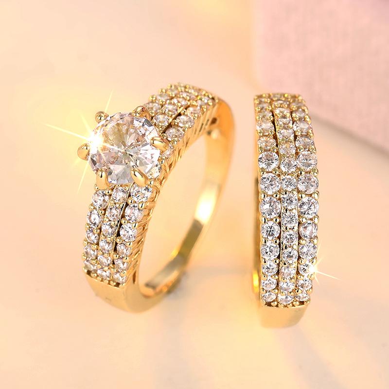 Cao Shi Zircon Inlaid Luxury Couple Rings: Women's Engagement & Wedding Fashion Accessories, Shiny Style Two-Piece Set.
