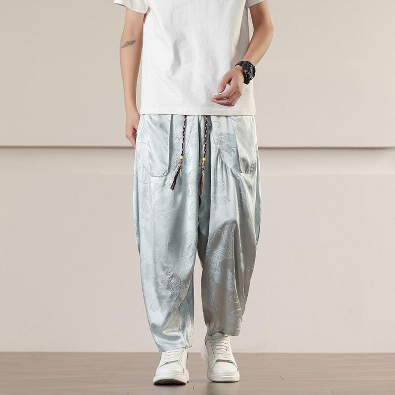 Mens Chinese Dragon Jacquard Drawstring Waist Loose Harem Pants