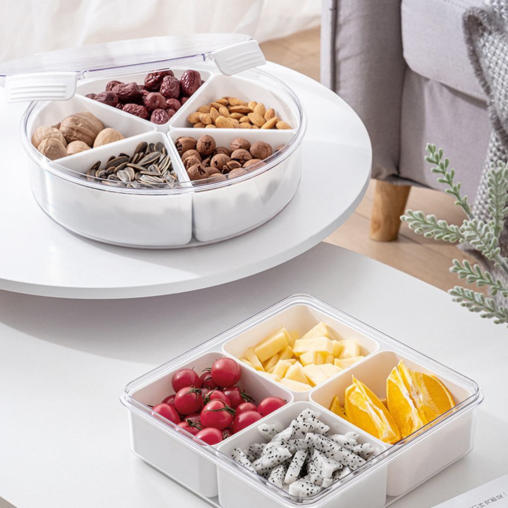 Divided Serving Tray with Lid Dry Fruit Round Snack Container Candy Appetizer Nut Peanut for Hotel Restaurant White