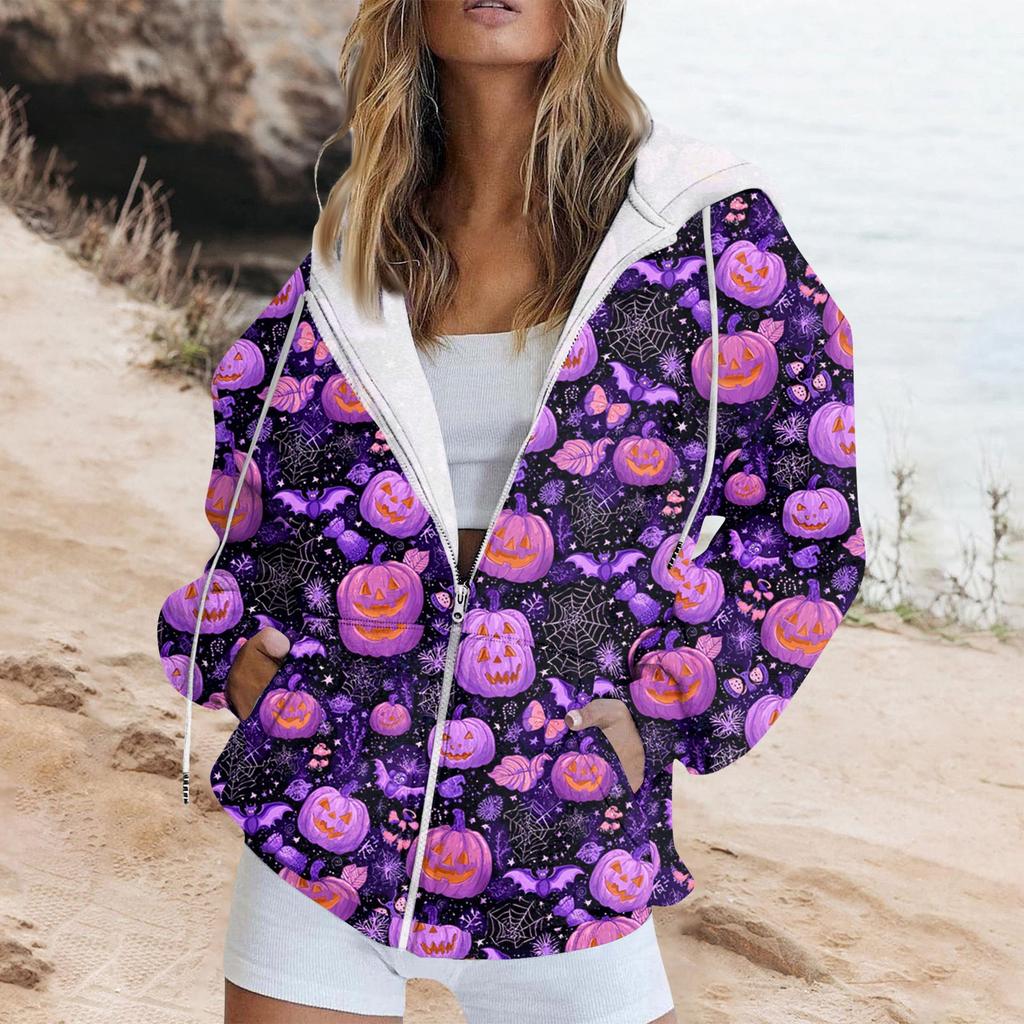 Women's Fashion Casual Halloween Printed Sweatshirt Long Sleeve With Pocket Cardigan Jacket Zipper Hoodie Coat