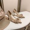 Knot Mesh Yarn Slender Heel High Heels Women's Shoes  Spring & Summer New Pointed Tip Shallow Mouth Single Shoe Female