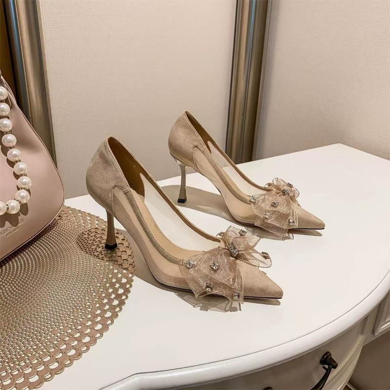 Knot Mesh Yarn Slender Heel High Heels Women's Shoes  Spring & Summer New Pointed Tip Shallow Mouth Single Shoe Female