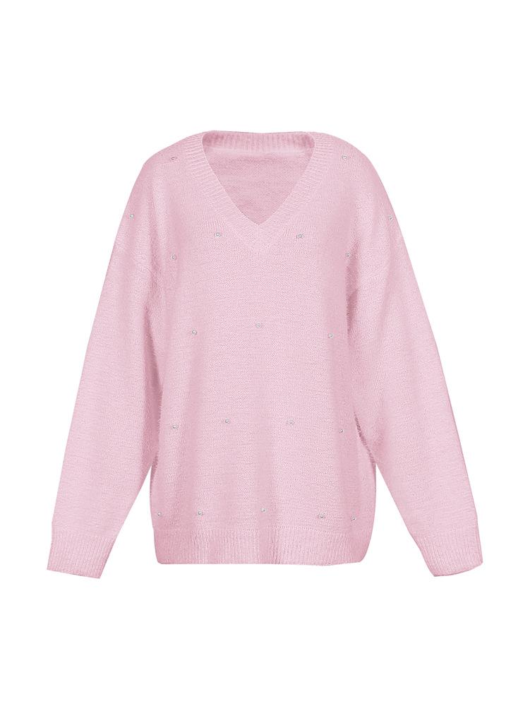 2025 A/W V-Neck Beaded Solid Color Sweater for Women