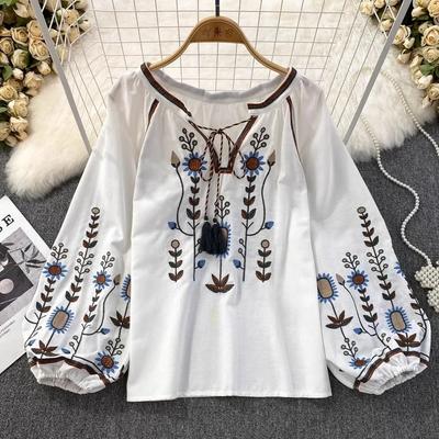 Spring Autumn Casual Women Blouse Fashion V Neck Long Sleeve Embroidery Shirts Vintage Minority Ladies