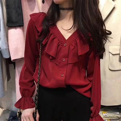 Women Shirt Elegant Long Sleeve Ruffles V Neck Blouse Tops Casual Loose Solid Ladies Tunic Blouses Reversible Chiffon Shirt