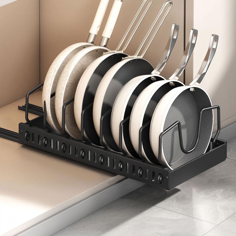 Kitchen Pots Pans Organizer with 8 Adjustable Dividers Sliding Dish Drying Shelf Sliding Lid Holder Pan Rack for Under Cabinet
