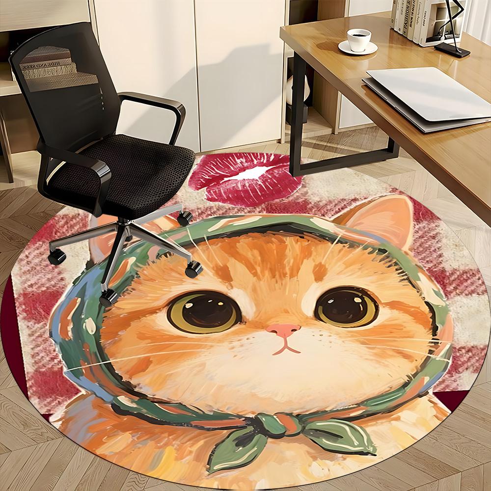 1PC Cat Scarf Office Round Area Rug, Mat Suitable ForOffice, Under Office Chairs Bedroom Living Room Home Decor, Room Deco