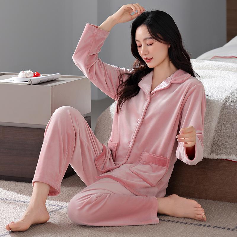 Pajamas Autumn And Winter Winter Island Fleece Long-Sleeved Coral Fleece Women'S Thin Fleece Thermal Loungewear Set