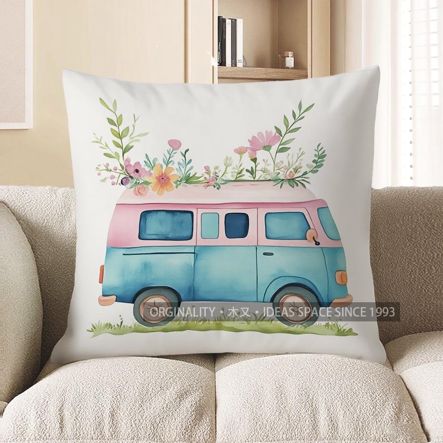 Home Decor Blue Bench With Pink Flowers Throw Pillow Pattern Cushion Cover Suitable For Sofa Bedroom Car Pillow Cover