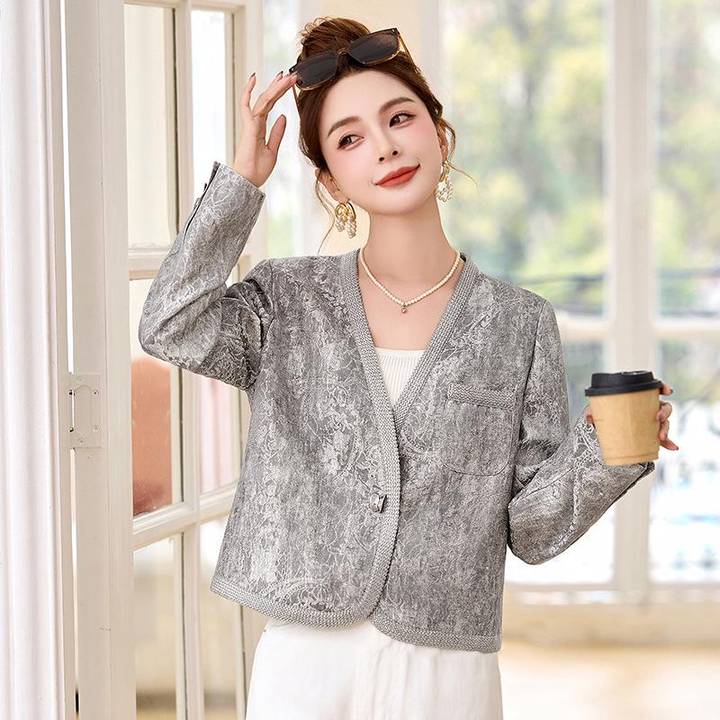 Dámská módní žakárová bunda s výstřihem do V na jaro 2025