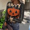 Women's Casual Fashion Long Sleeve Ribbed Top Halloween Print Round Neck Slim Fit Stretchy Knit Shirt