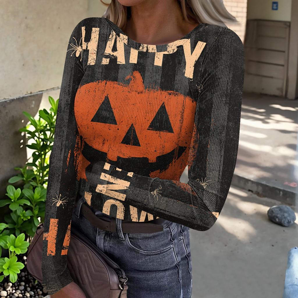 Women's Casual Fashion Long Sleeve Ribbed Top Halloween Print Round Neck Slim Fit Stretchy Knit Shirt