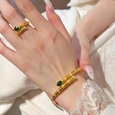 Luxurious Diamond-Studded Snake Bangle Ring Set for Women, Elegant Zodiac Year of the Snake Open Bracelet