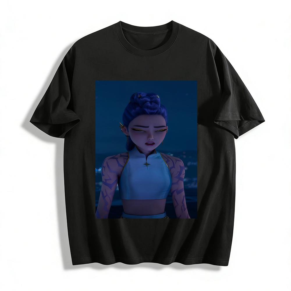 

Anime Character Print Sleeveless Crop Top, Trendy Blue Hair Purple Pattern Slim Fit Waist-exposed Top Pure cotton T-shirt XXS