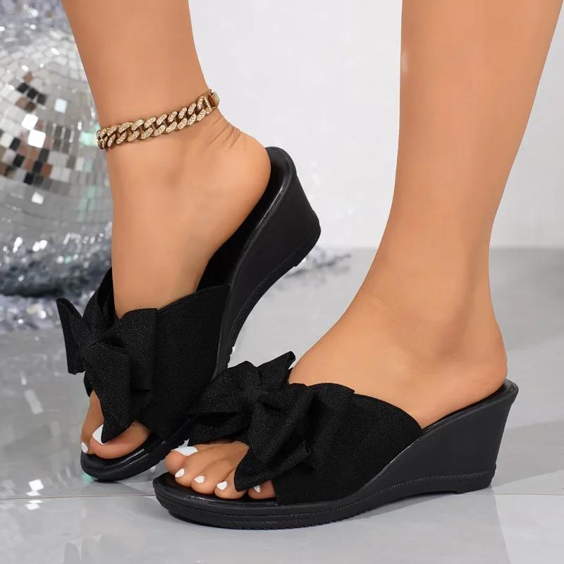 2025 Butterfly-knot Women's Slippers New Open Toe Outdoor Casual Comfortable Summer Plus Size Best Seller Wedge Slippers