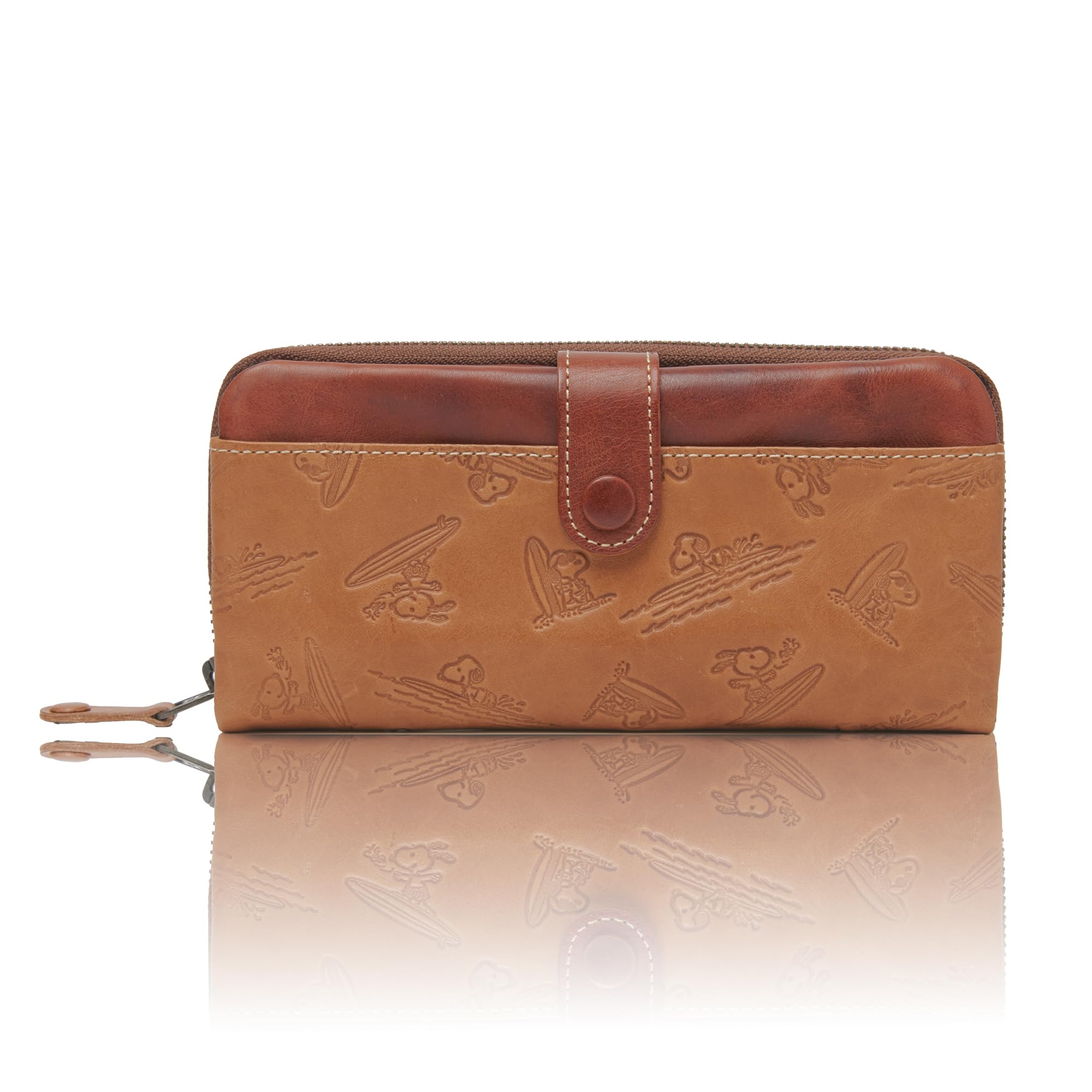 

PEANUTS SNOOPY Fun Fun Wallet Long Wallet Leather Large Capacity Round Zipper Cowhide Genuine Leather Button Pocket Snoopy Surfing 57516 Beige