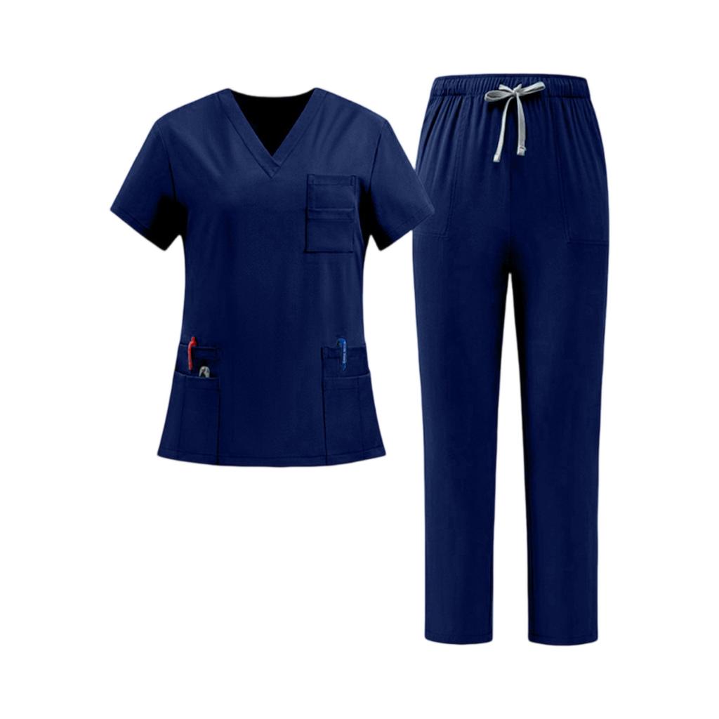 Women Nurse Scrub Set Quick Dry Fabric V Neck Short Sleeve Top with Pockets and Elastic Waist Drawstring Pants Medical Uniform