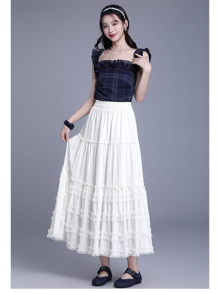 2026 Summer Women's Korean A-Line White Midi Skirt – High Waist, Lace Trim, Drape Design
