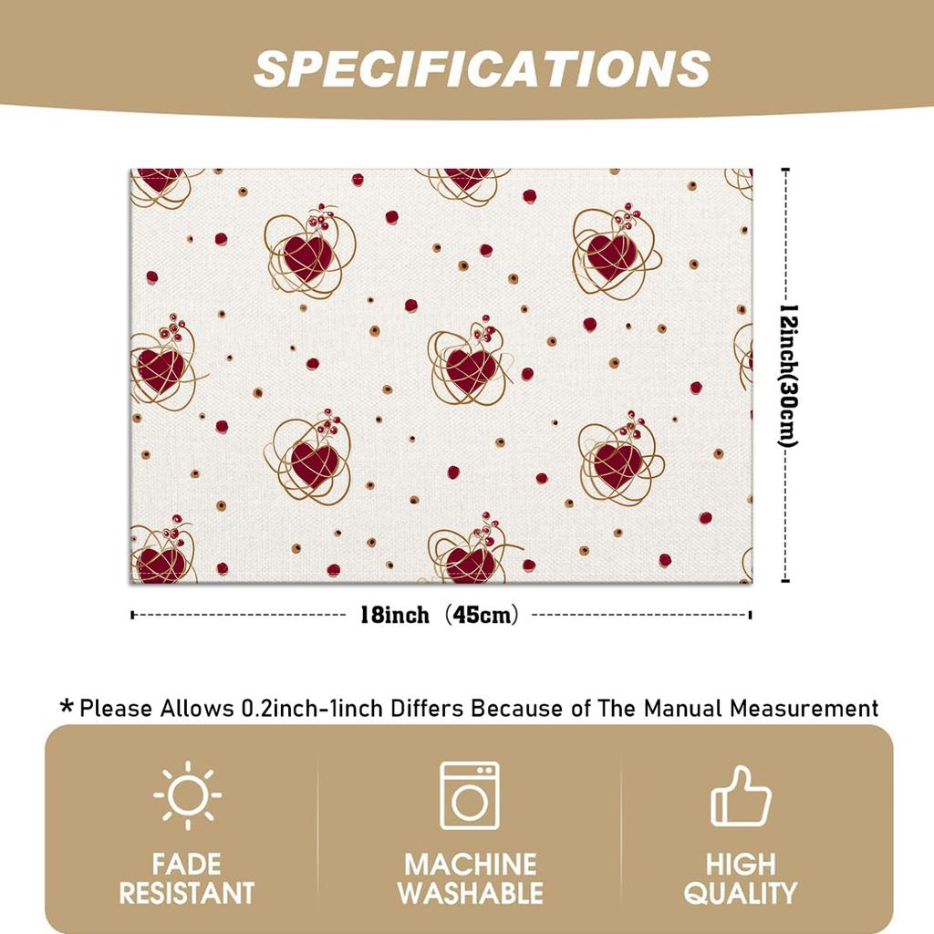 Set of 4/6 Linen Placemats Featuring Red Hearts And Golden Polka Dots, Perfect for Romantic Occasions And Everyday Dining Decor, Suitable for Indoor P