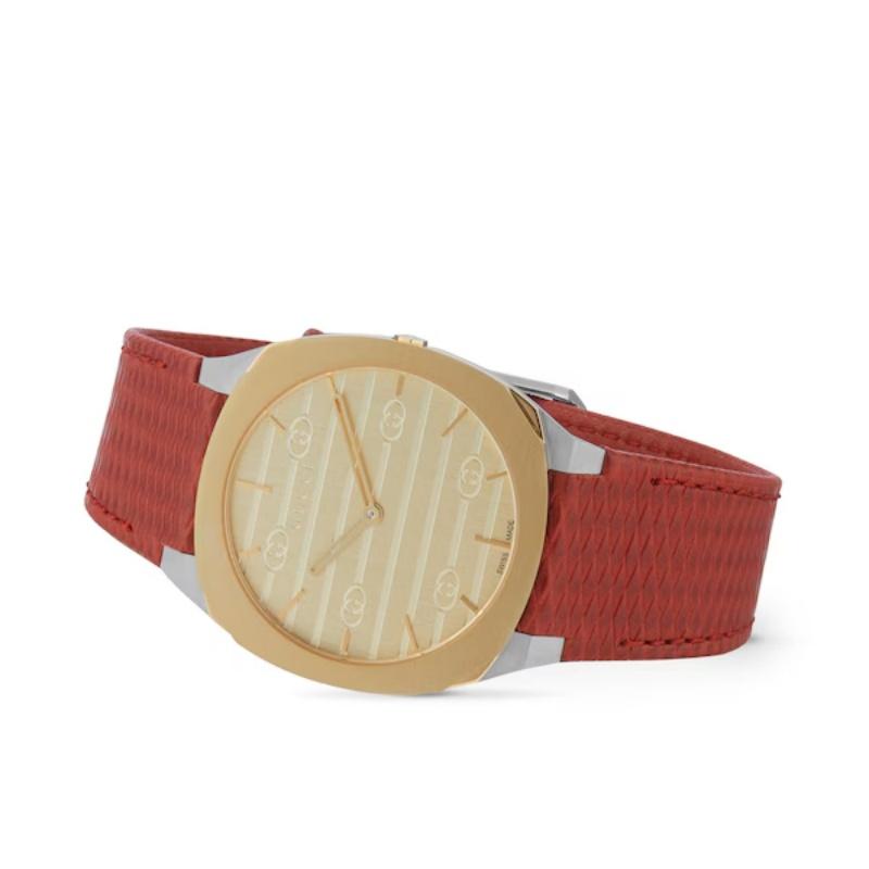 Gucci 25H Gold Dial Watch Red Leather Strap YA163415
