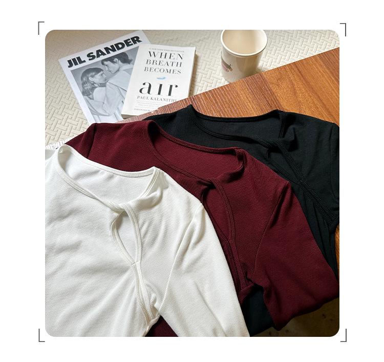 Women's Slim Fit Long Sleeve T-shirt - Pure Desire Collection: Hollow Round Neck, Drop Shoulder, Inner Layer for Autumn/Winter