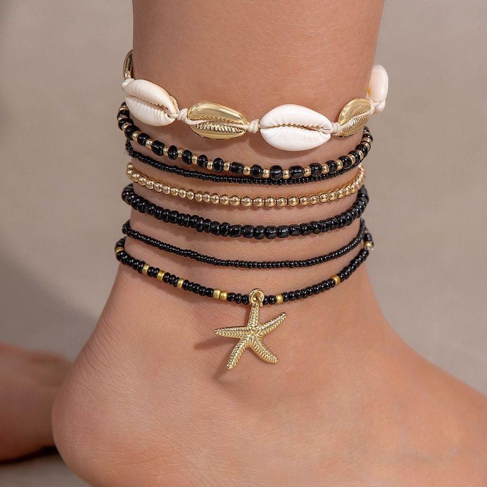 7pcs Charm Holiday Starfish Multi-layer Anklet Stretch Anklet Set Fashion Beach Jewelry