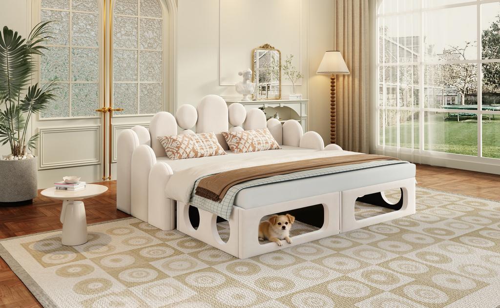 Divano letto imbottito con cuccia per animali domestici, Letto multifunzionale imbottito 2 in 1 180*200 cm, con morbido tessuto in velluto, Struttura a doghe e schienale, Beige.