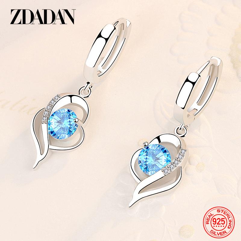 925 Sterling Silver Heart Shaped Amethyst Earrings for Women Wedding Fashion Gift синий