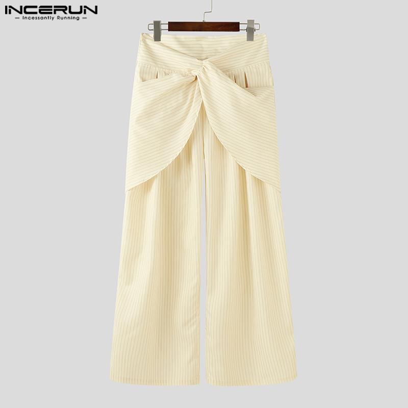 INCERUN Men Twisted Zip-up Waist Ruffled Striped Casual Long Pants Trousers